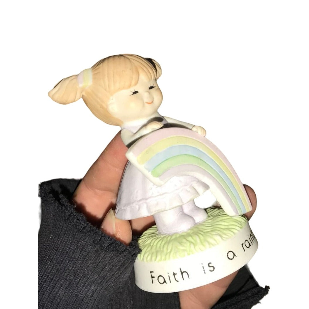 Faith is a Rainbow Little Girl Figurine- Holding a Rainbow, Wearing Pigtails