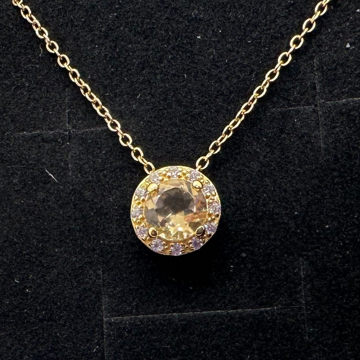 Bright Round 2.00 Carat Golden Citrine Halo Necklace - 14kt Gold Overlay Sterling Silver with 18" Chain