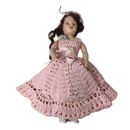 Vintage Collectible Doll Wearing Pink Crocheted Dress- Brown Hair/Blue Eyes