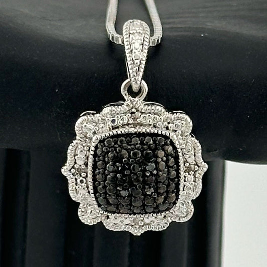 Beautiful  Black and White Diamond Cluster Pendant with 20" Sterling Chain