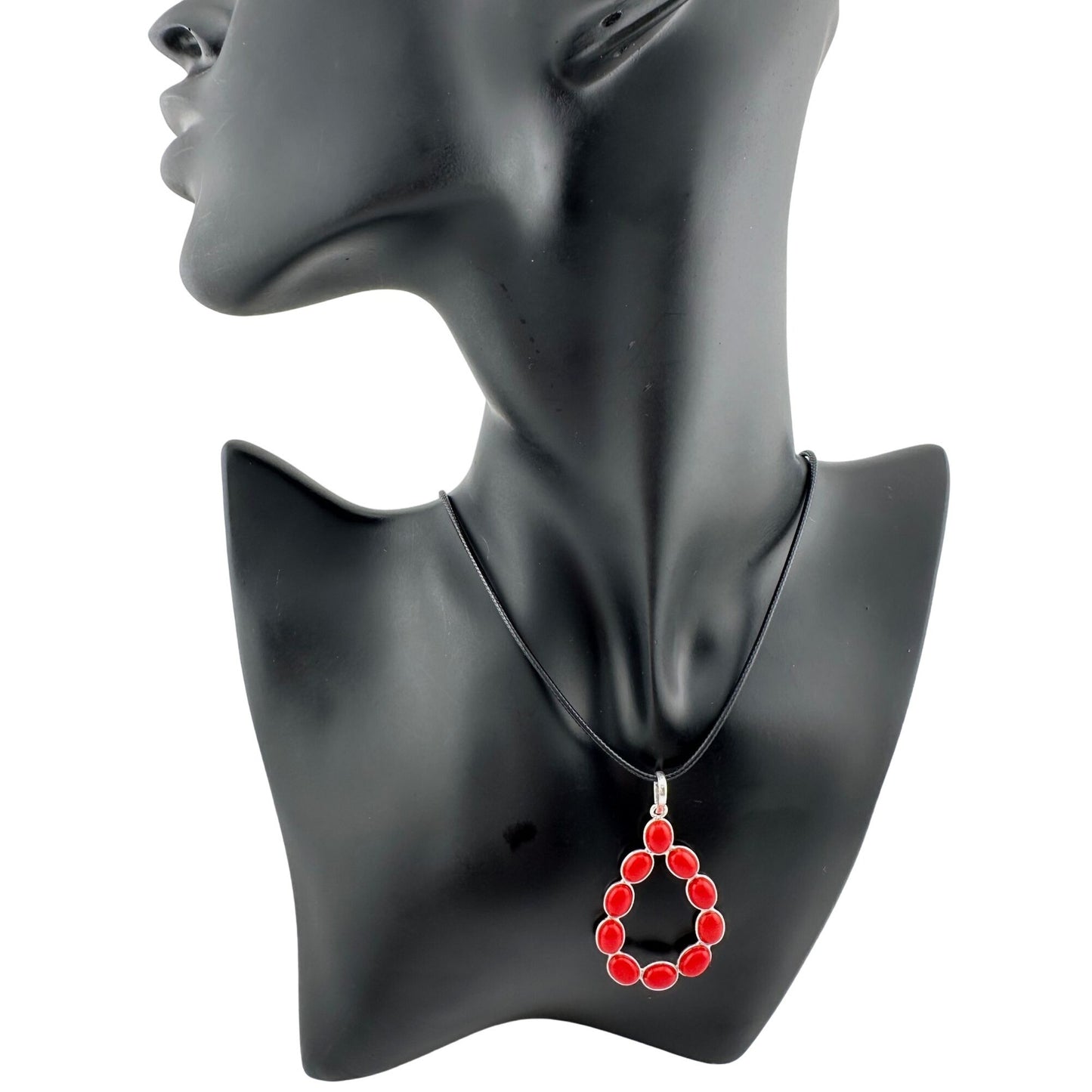 Flirty and Fun Red Coral Teardrop Necklace with Black Leather Cable Chain