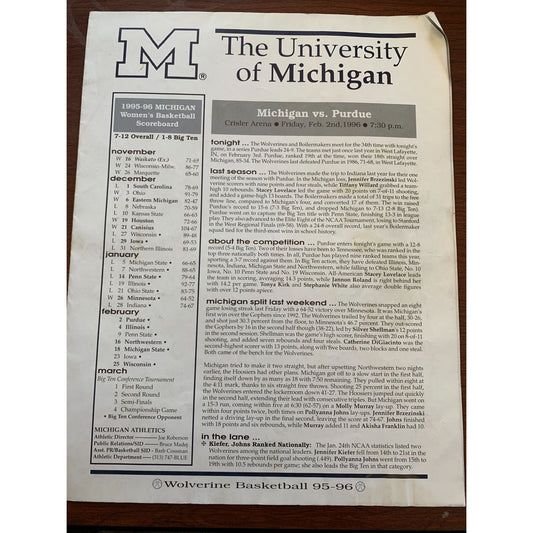 Vintage 1996 University of Michigan Women's Basketball Autographed Program