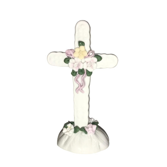 Vintage Porcelain Cross Figurine with Pink & Yellow Flowers- 6.5"