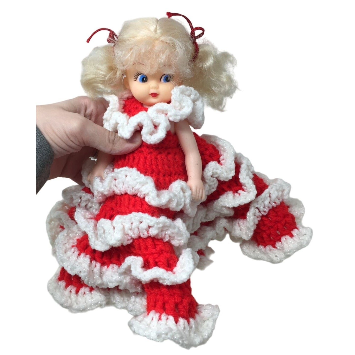 Cute Christmas Tree Topper Doll in Hand Crocheted Red Dress w White Ruffles - Blonde Hair & Blue Eyes