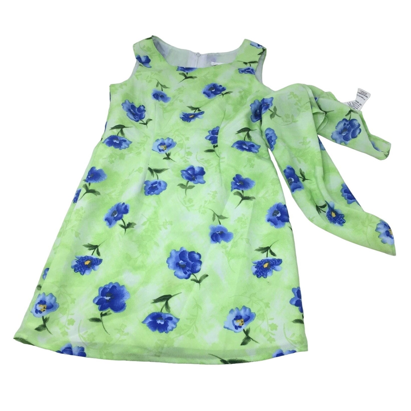 My Michelle Dress with Matching Scarf- Size 7 Juniors- Green with Blue Flowers