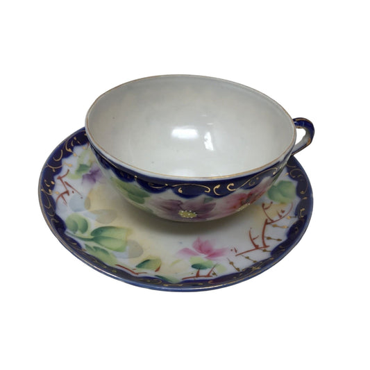 Teacup and Saucer Blue Rimmed Hand Painted Purple and Pink Flowers- Bone China