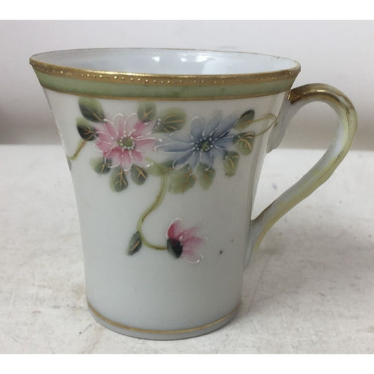 Small Handled Tea Cup with Floral Design and Gold /Green Rim