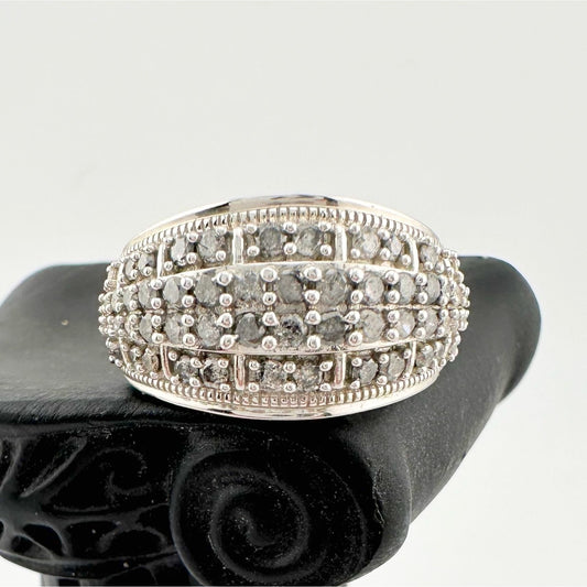 Brilliant 1.00 Ct Natural Diamond Multi-Row Designer Ring - Size 7.75 - Sterling Silver Setting