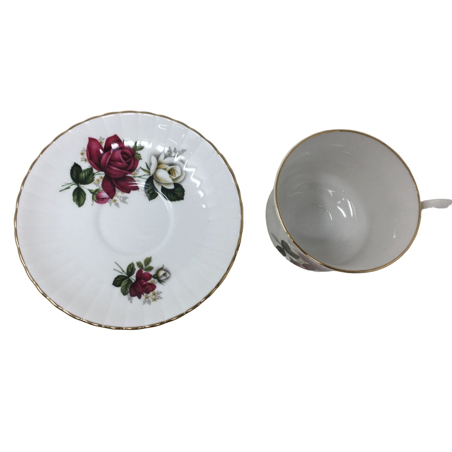 Royal Stafford Bone China Tea Cup and Saucer Set Gold Rimmed with Roses Printed on Each