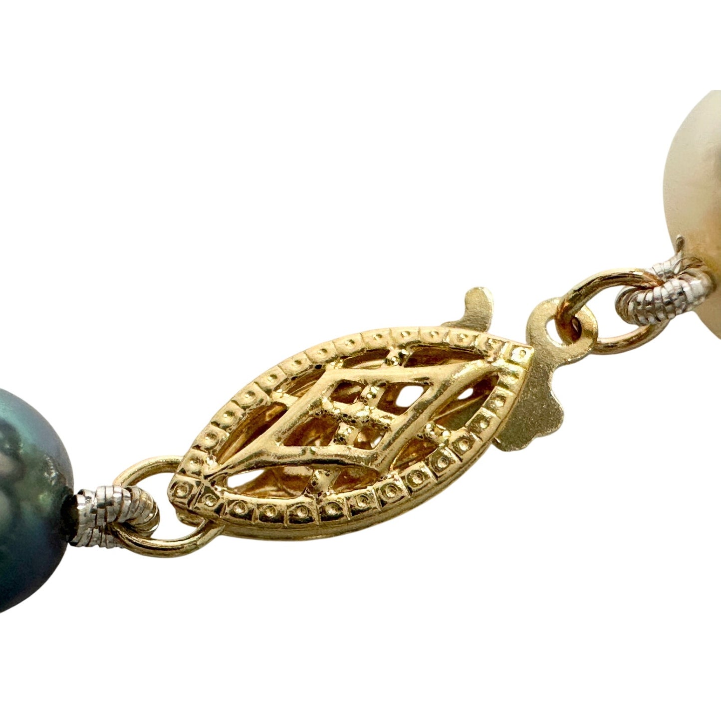 14kt Gold Hand Knotted 7mm Peacock Black (Bluish) & White Pearl Necklace 17"