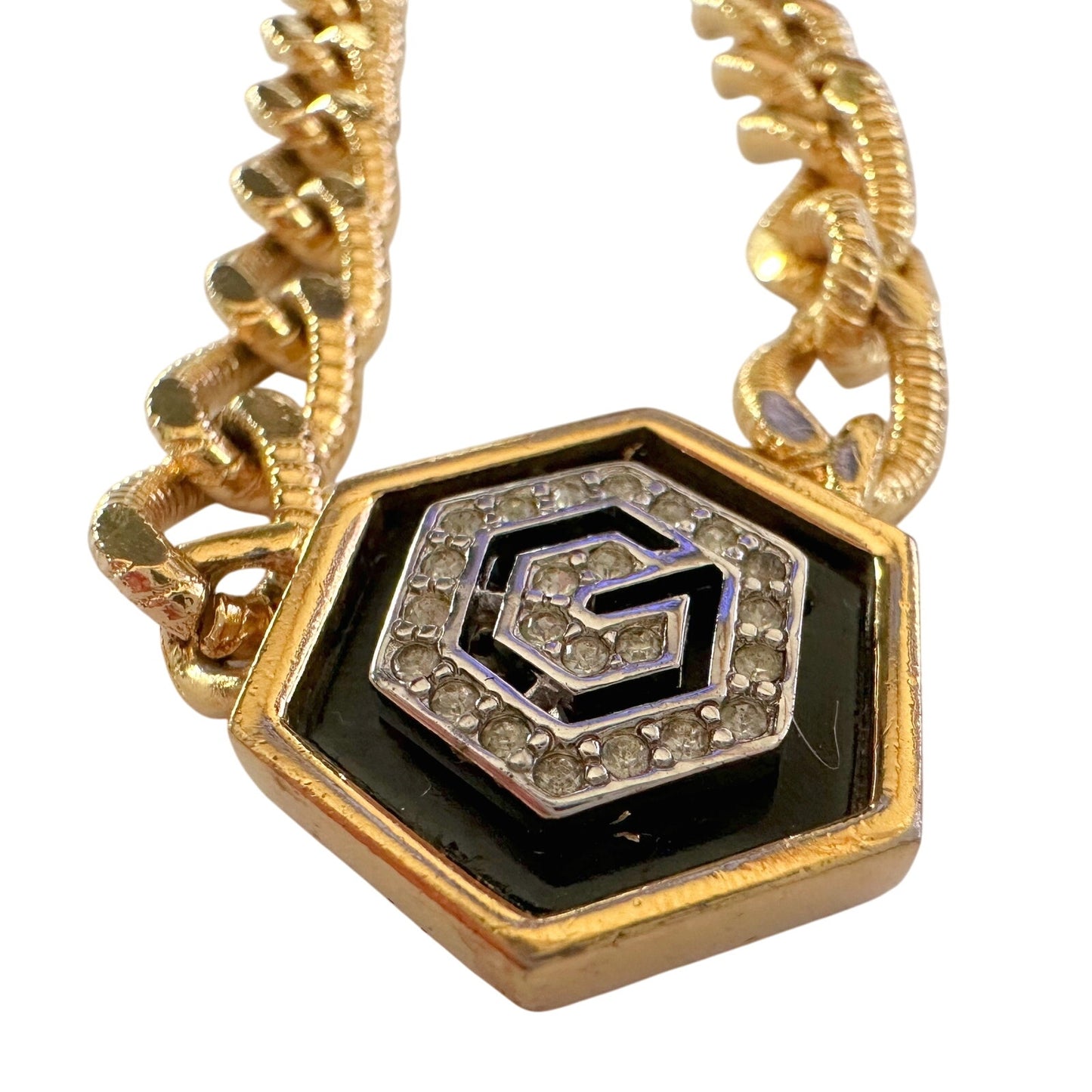 Givenchy Necklace with "G" in Hexagonal Pendant of Black Enamel and Rhinestones