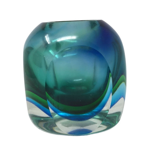 Vintage Green and Blue Murano Art Glass Vase 4x4 inches