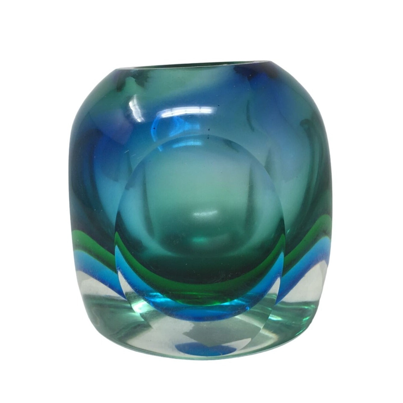 Vintage Green and Blue Murano Art Glass Vase 4x4 inches