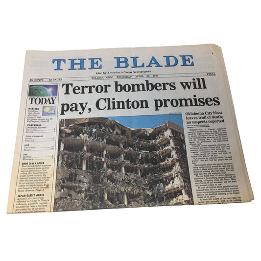 The Blade Vintage Collectible Newspaper April 20, 1995 "Terror bombers will pay, Clinton promises"