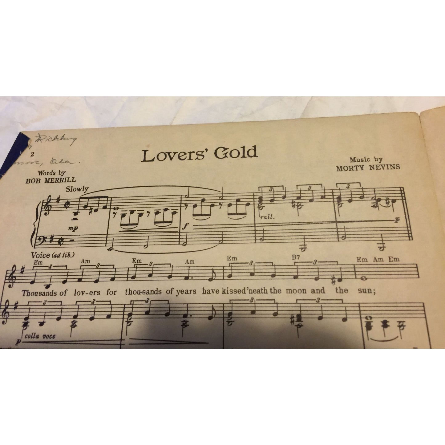 Vintage Sheet Music LOVER'S GOLD By Bob Merril/Morty Nevins