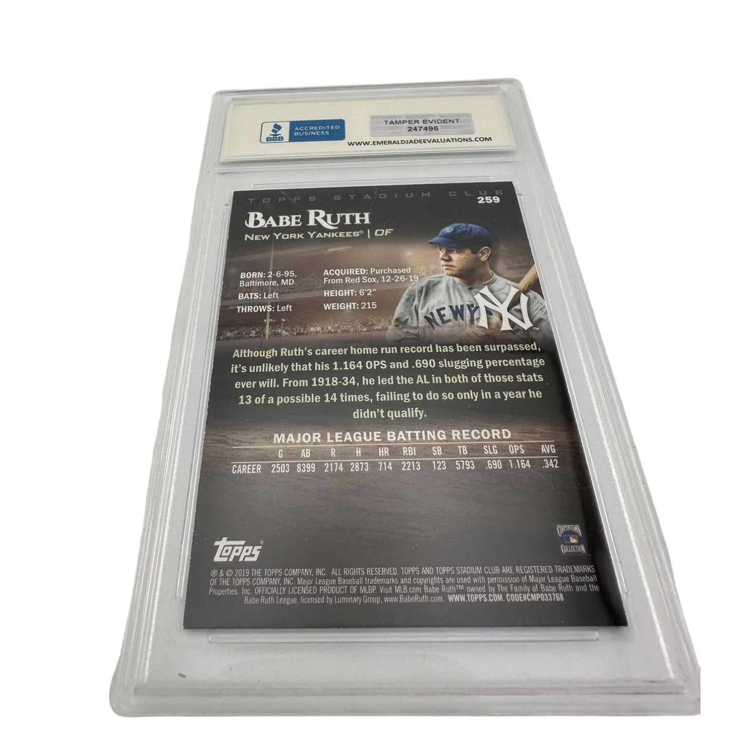 2019 Stadium Club - Babe Ruth Card # 259 Graded GEM MT 10