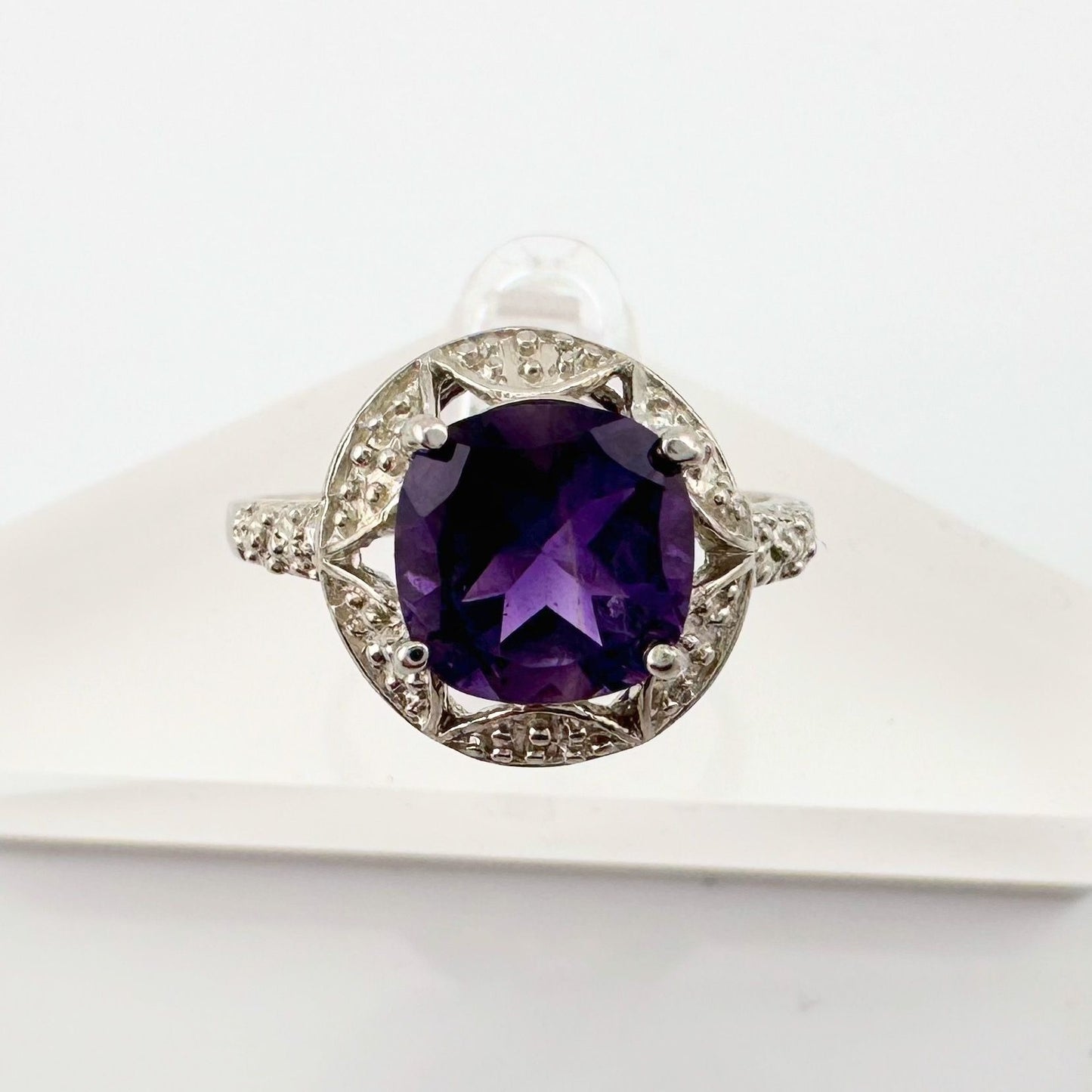 Beautiful Dark Purple Amethyst and Diamond Accent Ring - Sterling Silver Size 7.25