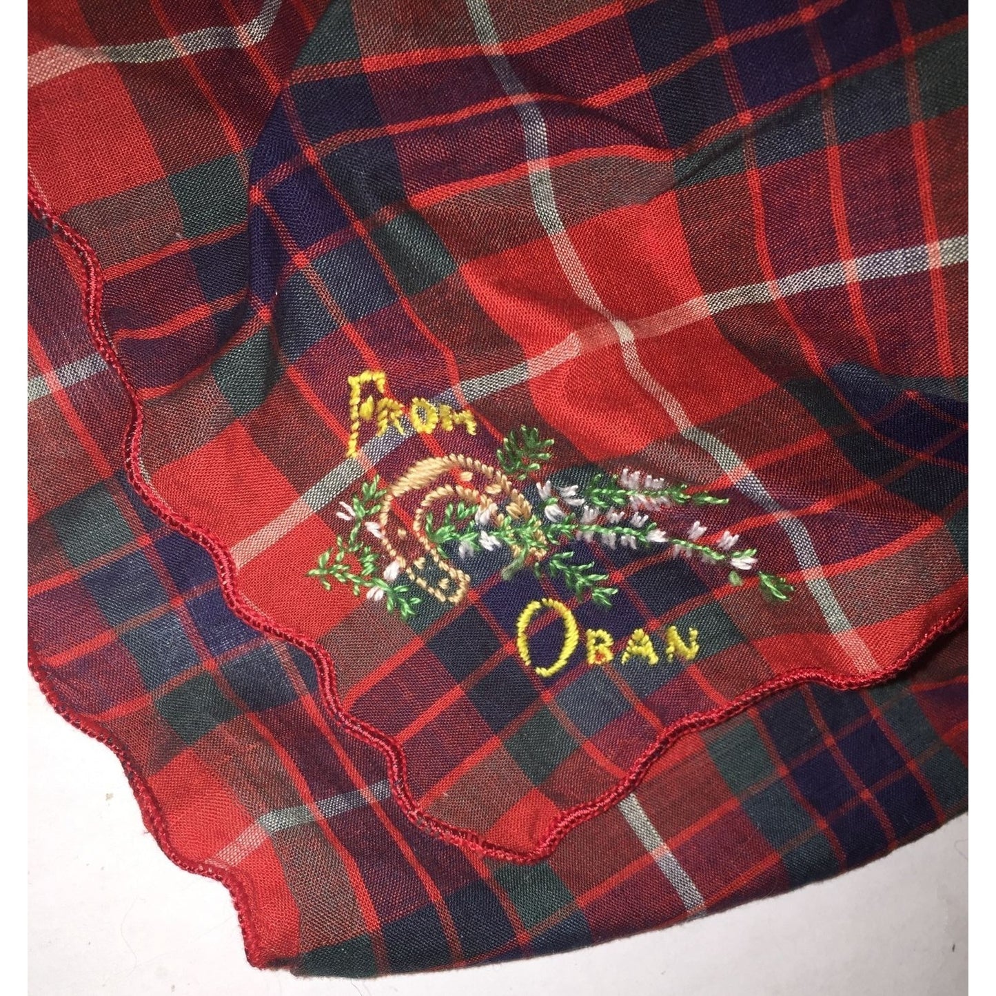 Vintage Red, Green and Blue Plaid "From Oban" Handkerchief