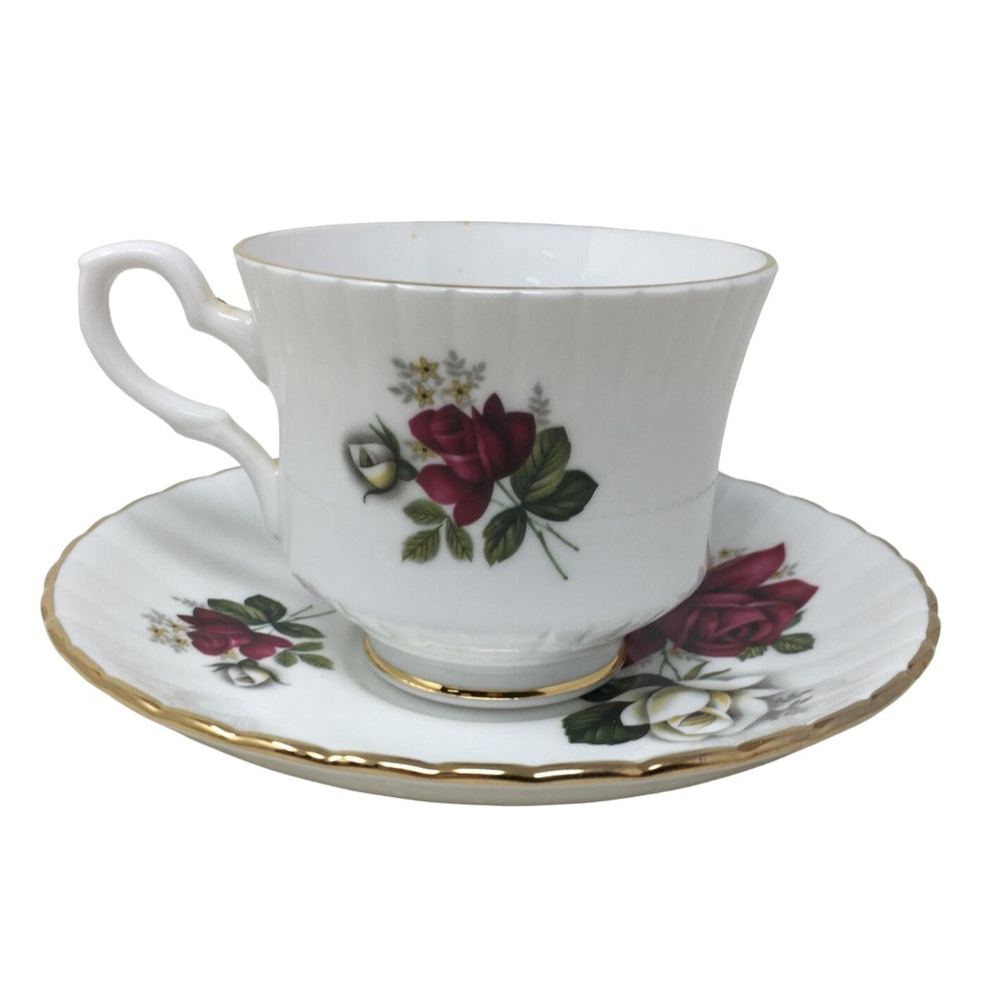 Royal Stafford Bone China Tea Cup and Saucer Set Gold Rimmed with Roses Printed on Each