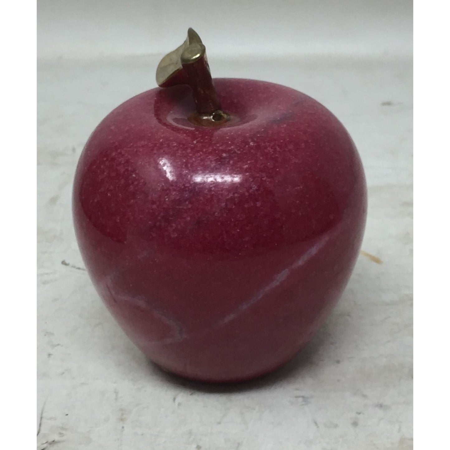 Vintage Polished Marble Red Apple with Brass Stem Leaf Heavy Paperweight