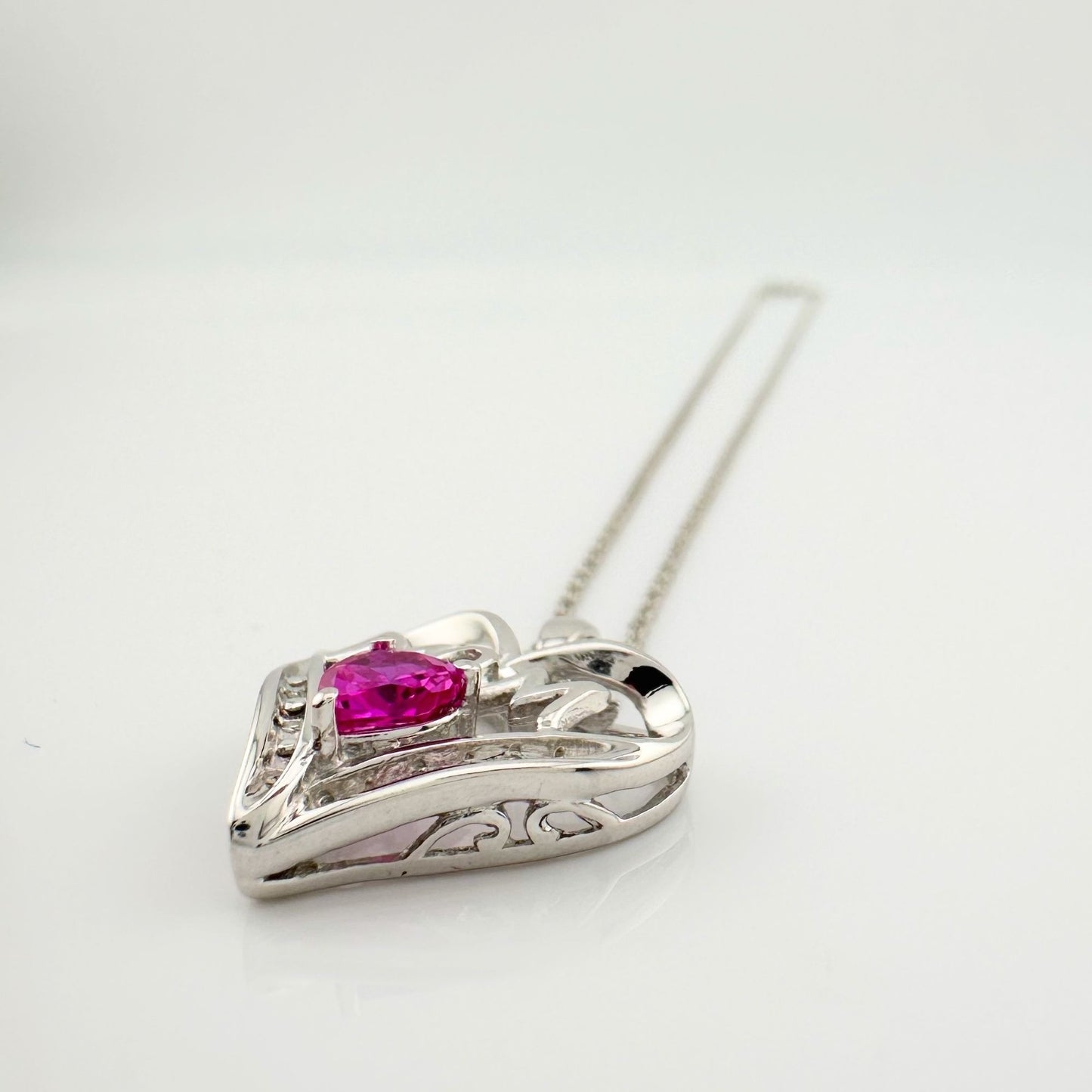 Bright and Beautiful "Mom" Neckace - Heart Shaped Lab Created Pink Sapphire - Sterling