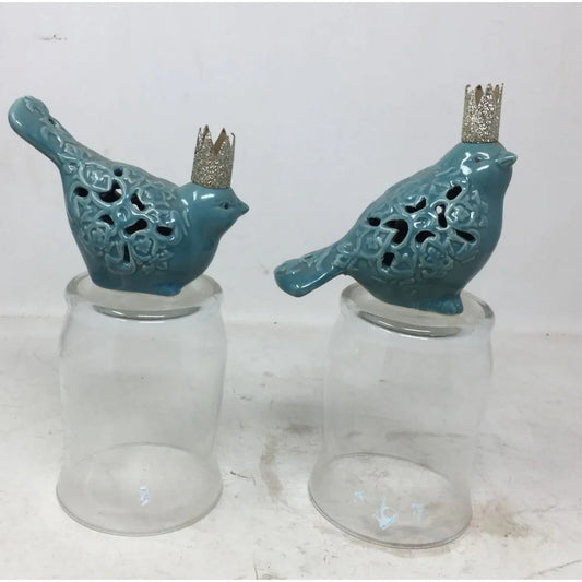 Set of 2 Blue Hollow Ceramic Birds wearing Gold Crowns Home Decoration A+ Stuff  A+ Stuff