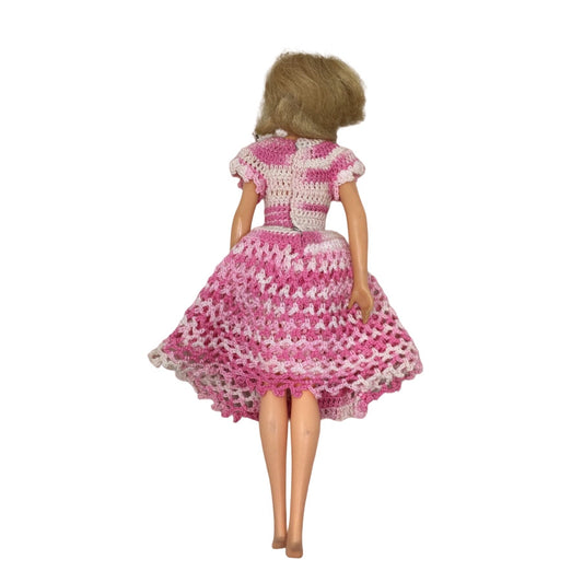 Vintage 1960's Collectible Barbie Doll Blonde Hair/Green Eyes, wearing crocheted Pink Dress