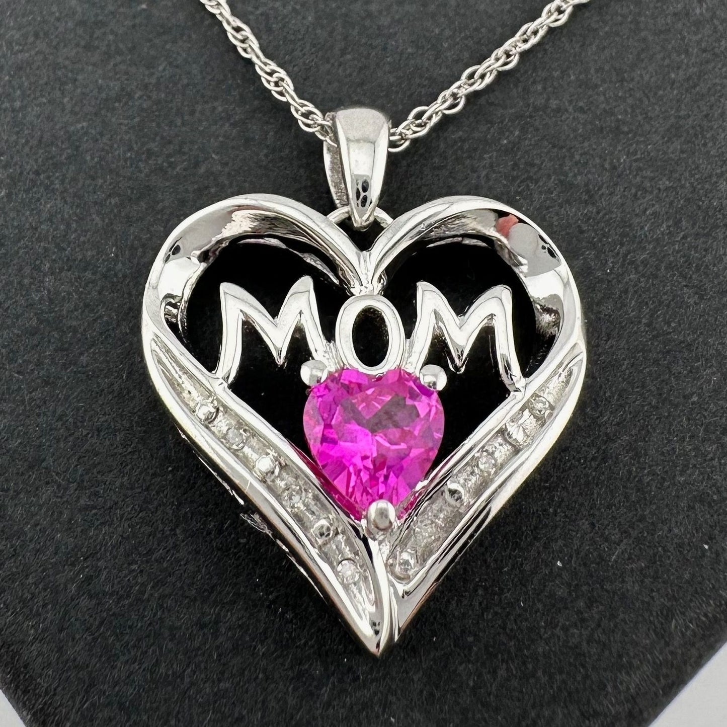 Bright and Beautiful "Mom" Neckace - Heart Shaped Lab Created Pink Sapphire - Sterling