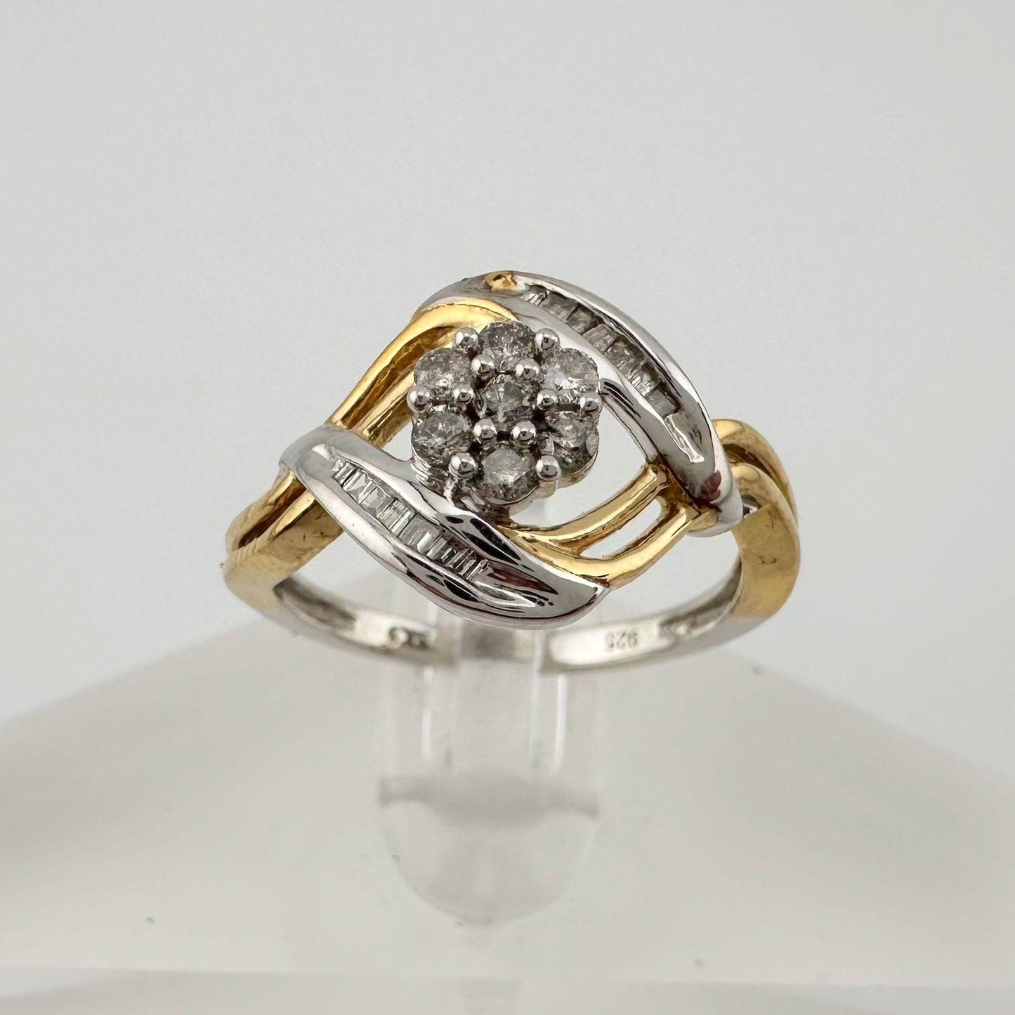 Beautiful 1/4 ct Diamond Ring Baguette and Flower Cluster with Two-Tone Sterling Band Size 7