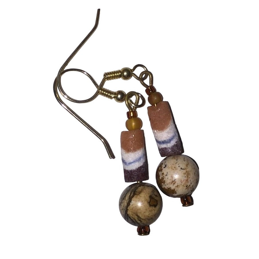 Womens Brown and Beige Dangly Beaded Earrings