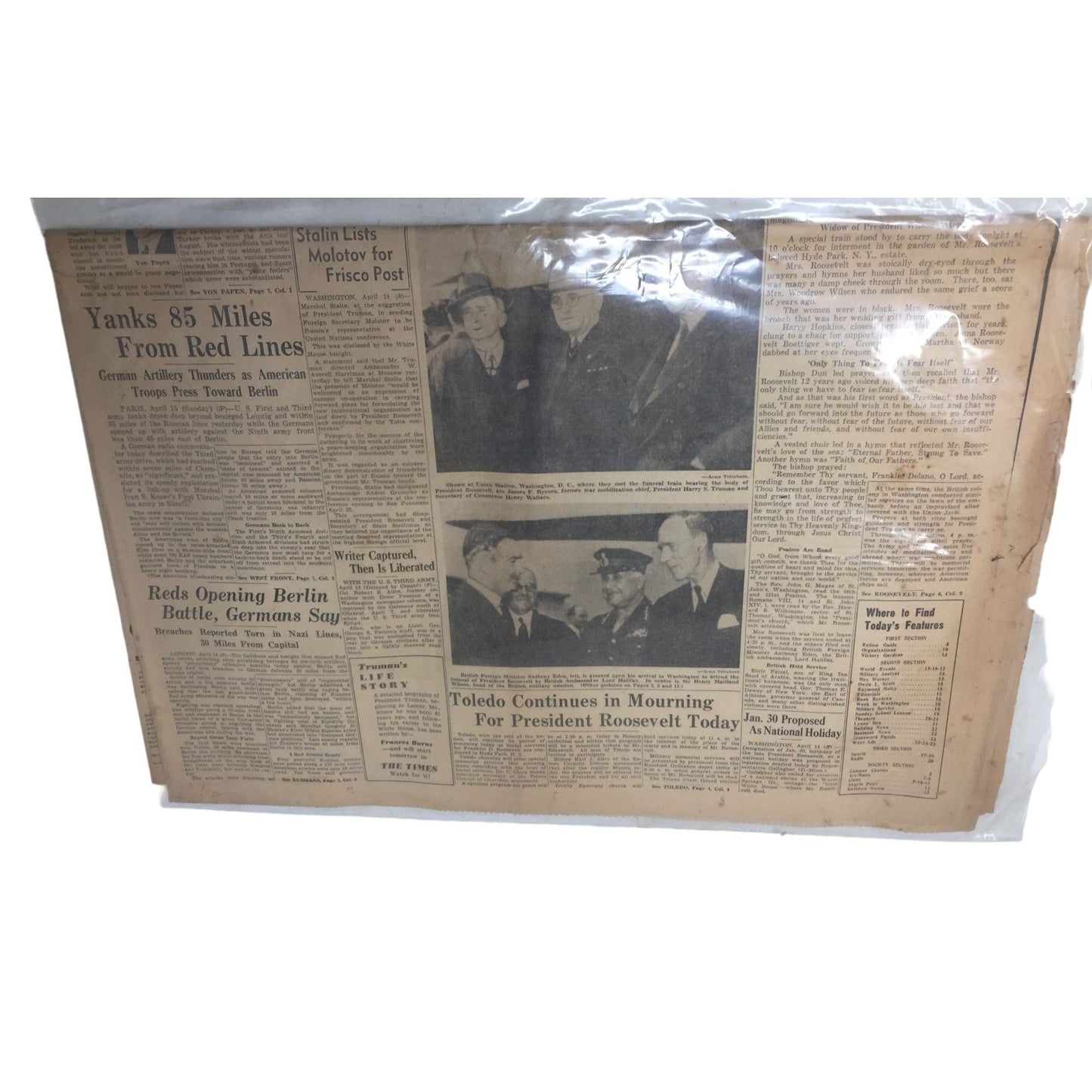 Vintage Collectible Newspaper Toledo Sunday Times April 15, 1945