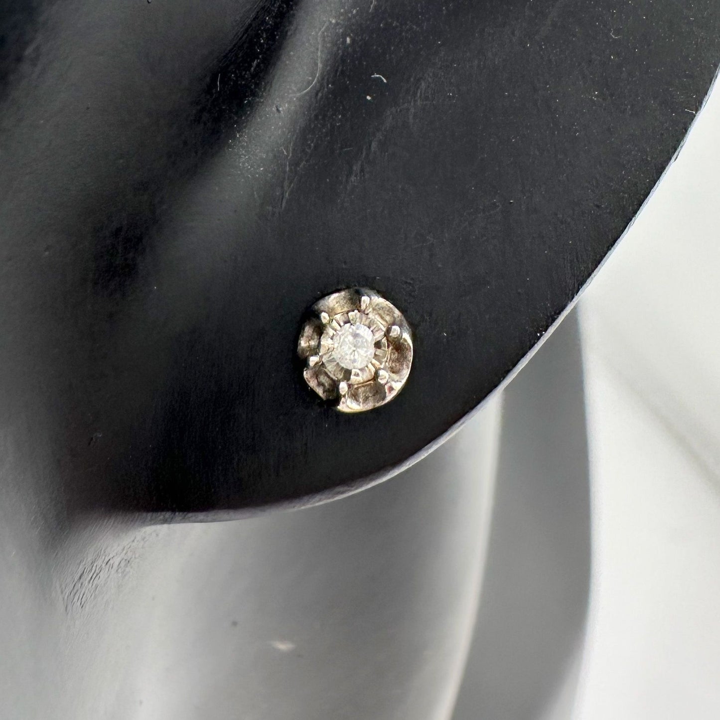 Pretty and Petite Diamond Stud Earrings Illusion Setting Center with Sterling Silver Ruffled Petal Edges