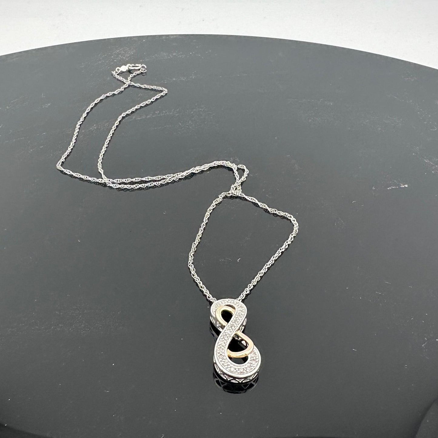 Beautiful  INFINITY Necklace - 14kt Gold & Sterling Silver with Natural Diamonds