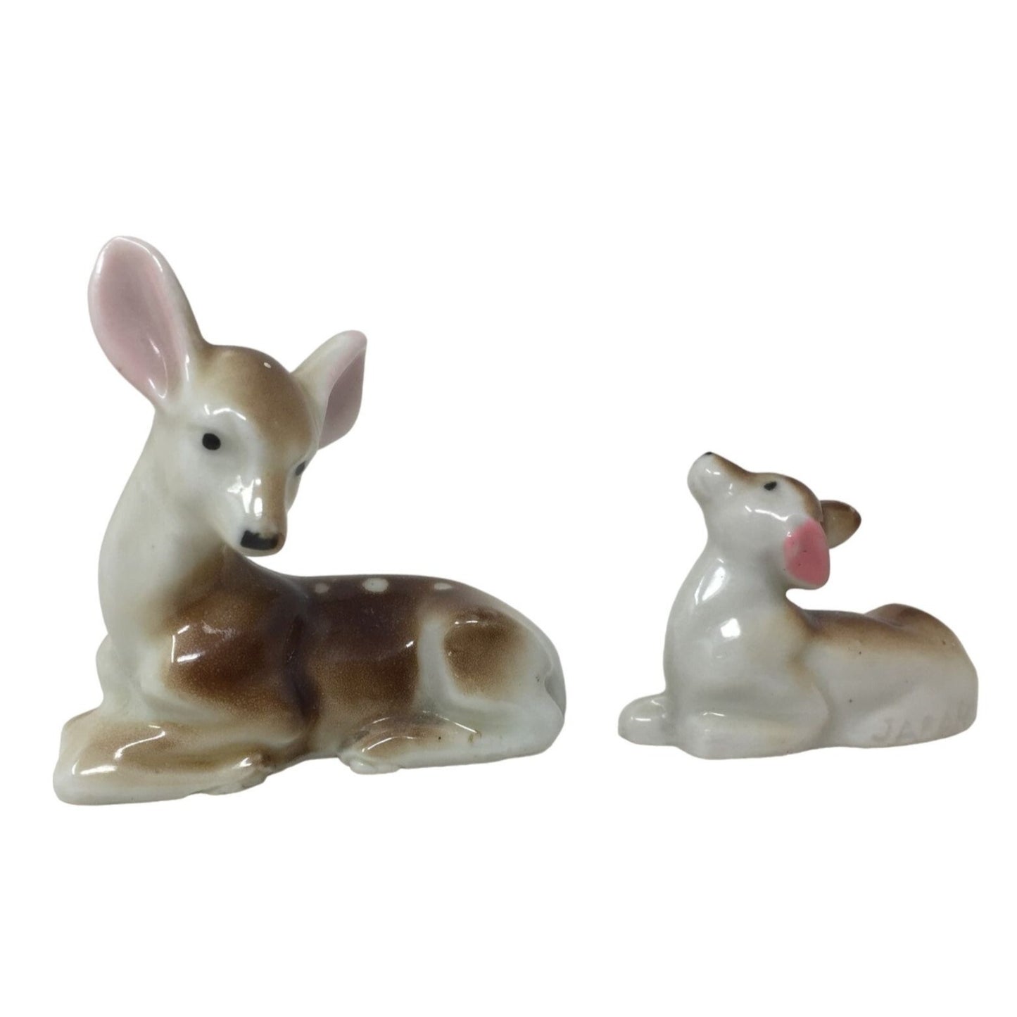 Two Small Miniature Porcelain Deer Figurines- Brown and White Doe and Fawn