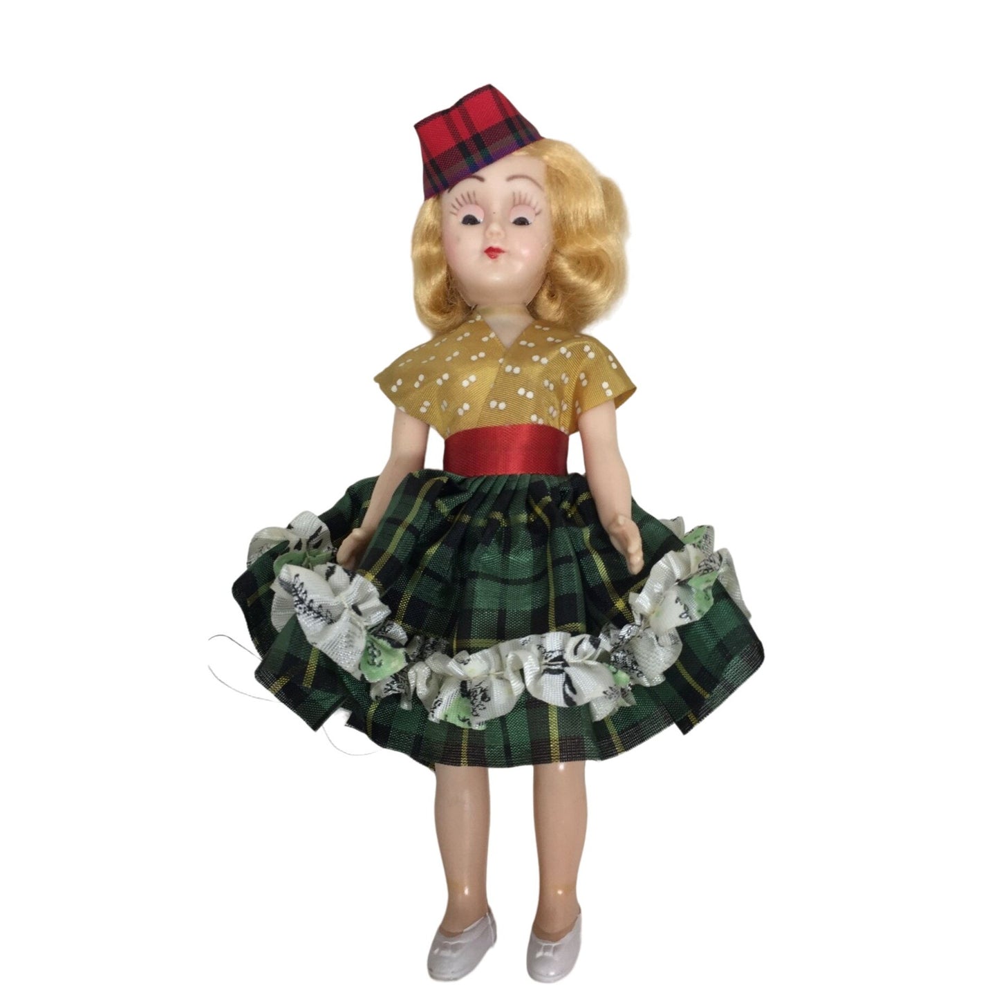 Vintage Collectible Doll with Blonde Hair, Plaid Dress and Hat