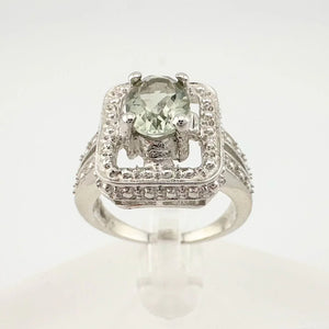 Beautiful Natural Light Green Amethyst Ring with small Diamond - Sterling Silver Lovely Detailing