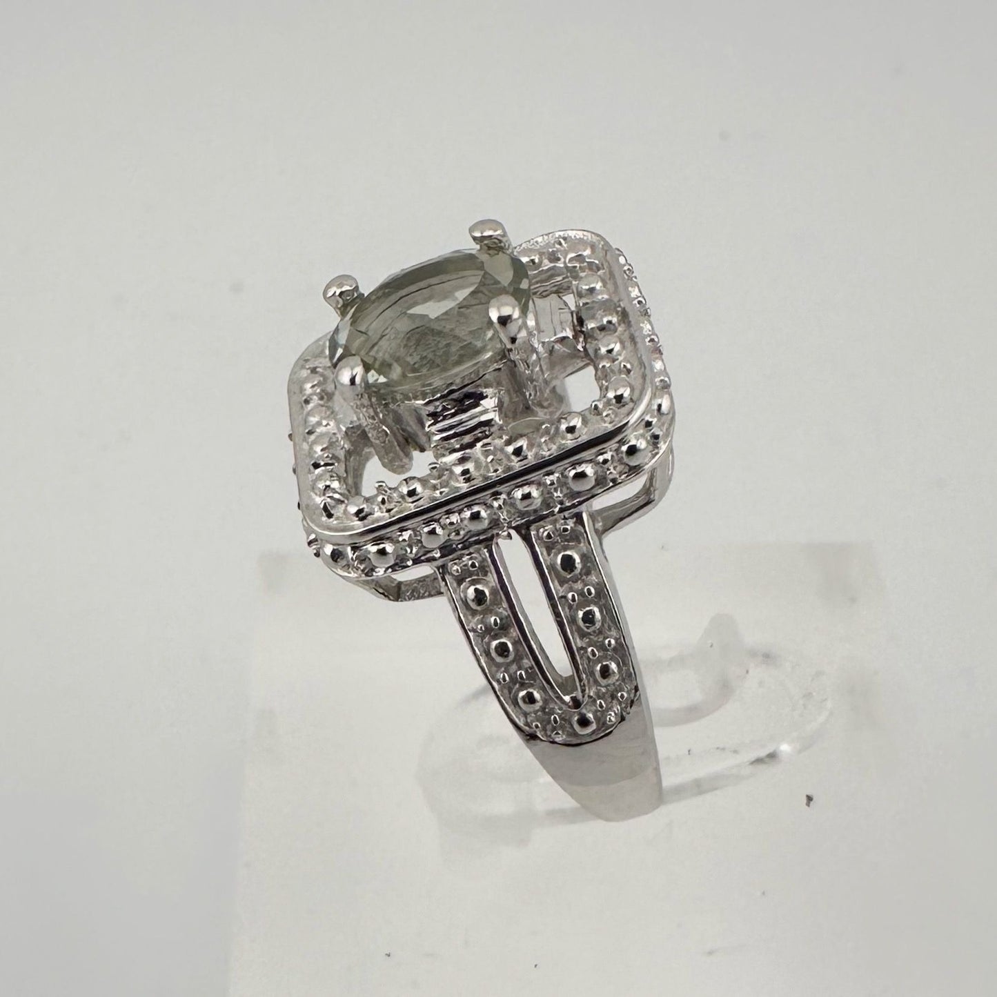 Beautiful Natural Light Green Amethyst Ring with small Diamond - Sterling Silver Size 6