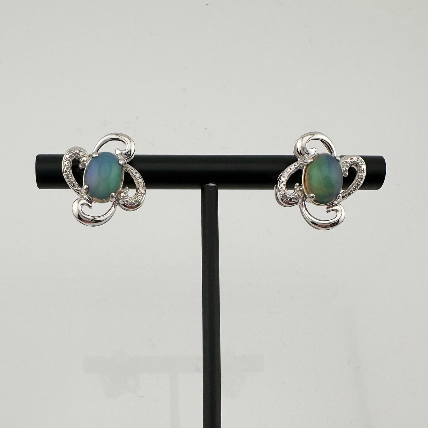 Mesmerizing Natural Cabochon Black Opal Earrings Diamond Accent - Sterling Silver