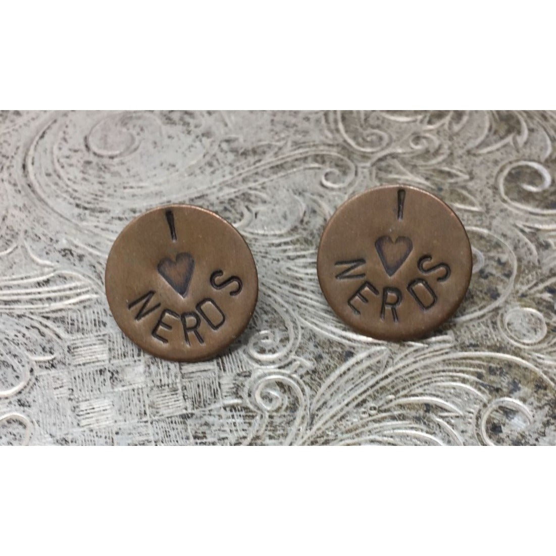 ''I love Nerds'' Women's Copper Tone Circle Stud Earrings