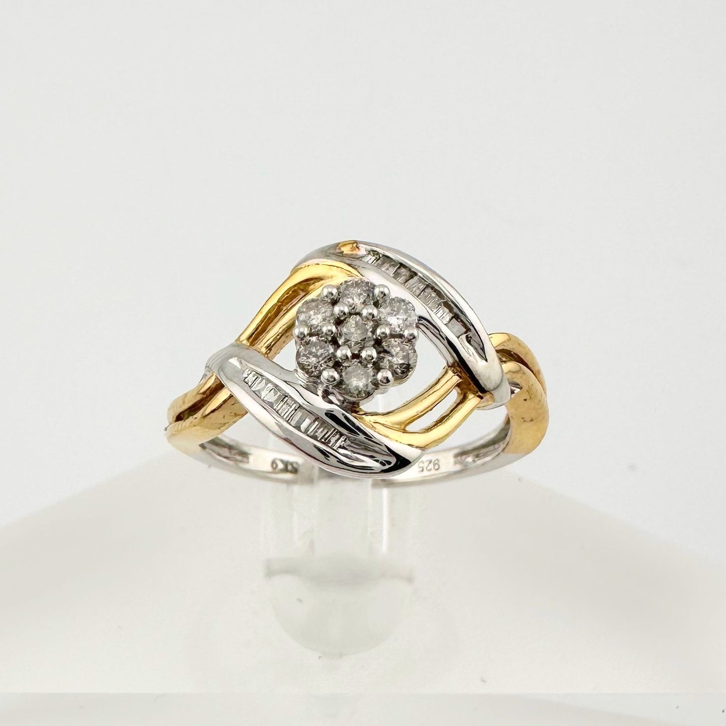 Beautiful 1/4 ct Diamond Ring Baguette and Flower Cluster with Two-Tone Sterling Band Size 7