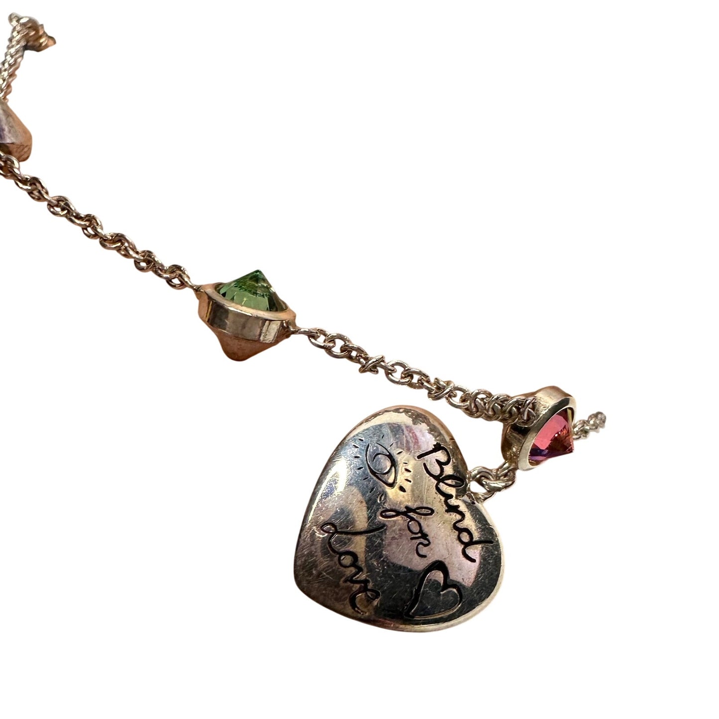 Gucci 'Blind for Love' Engraved Heart Bracelet w Rose Pink & Green Stones