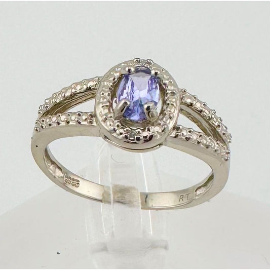 Magical Oval Tanzanite Stone w Diamond Accent in Sterling Silver Split Shank Setting - Size 8.25