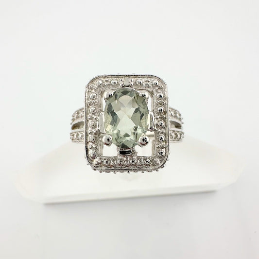 Beautiful Natural Light Green Amethyst Ring with small Diamond - Sterling Silver Lovely Detailing