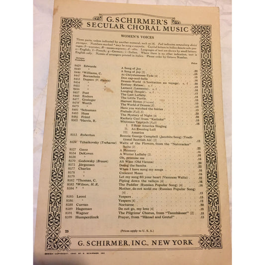 G. Schirmer's Secular Choral Music & Harold Flammer Choral Series Sheet Music