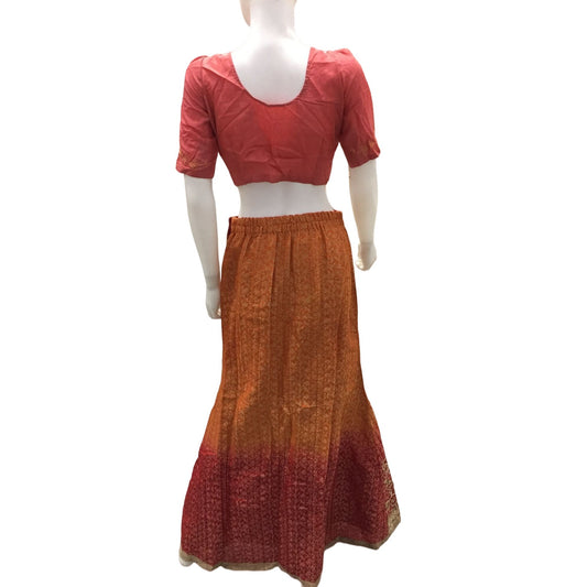 Women's Beaded Silk Orange & Red Crepe Lehanga Skirt & Shirt