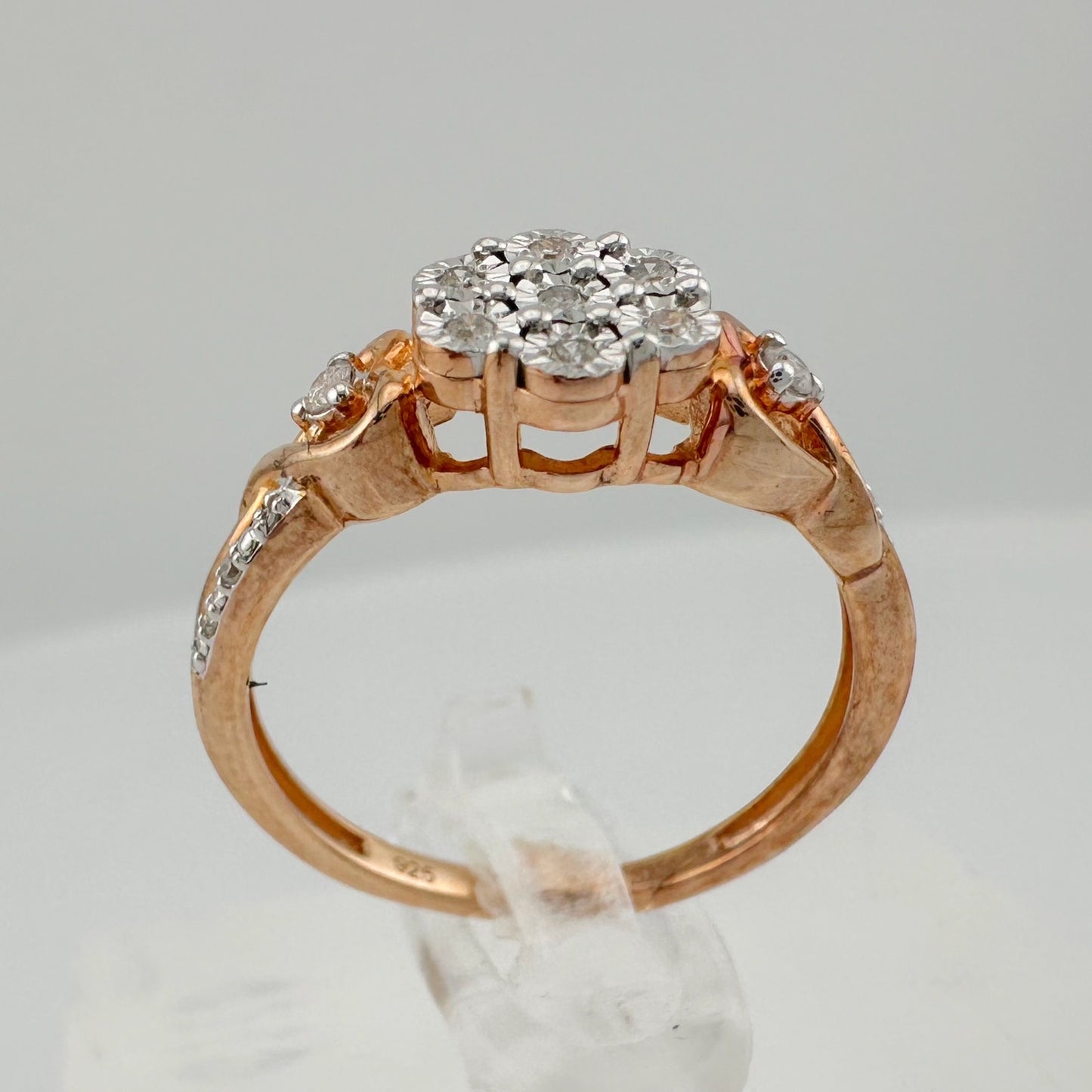 Two Tone Diamond Cluster Ring with Hearts on sides - size 7