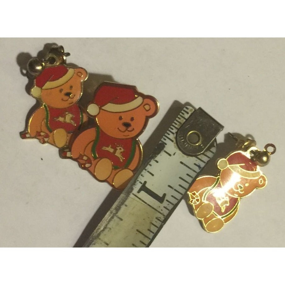 Vintage Christmas Gold Tone Bear Pin and Pair of Earrings- about 1"