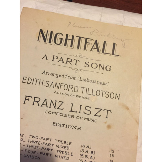 Nightfall A Part Song Arranged from Liebestraum Edith Sanford Tillotson/Franz Liszt