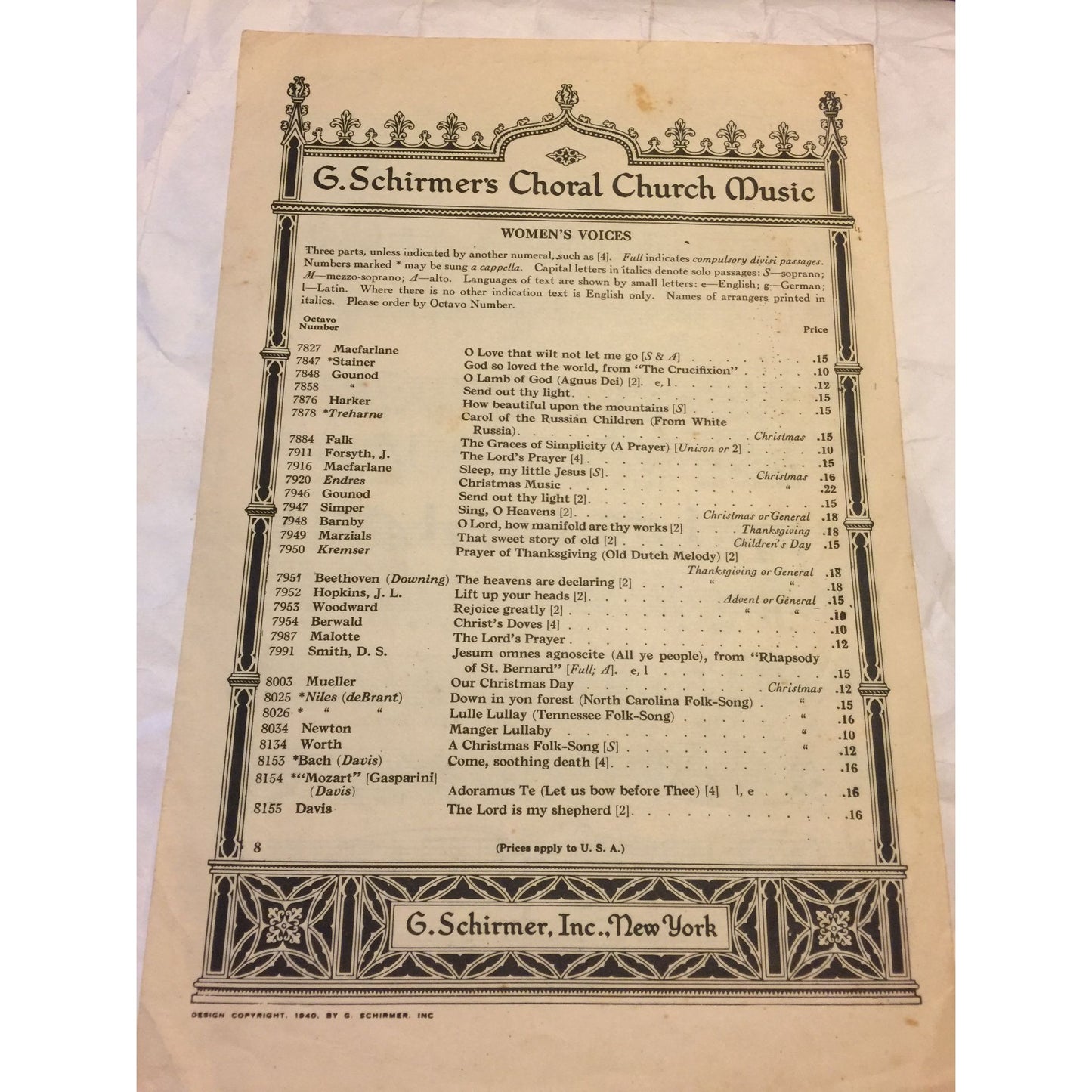 Vintage G. Schirmer's Choral Church Music Sheet music