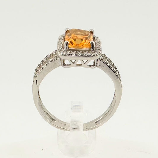 Radiant Cut Golden Citrine Gemstone Halo Set Surrounded with Diamond Accent - Sterling Silver